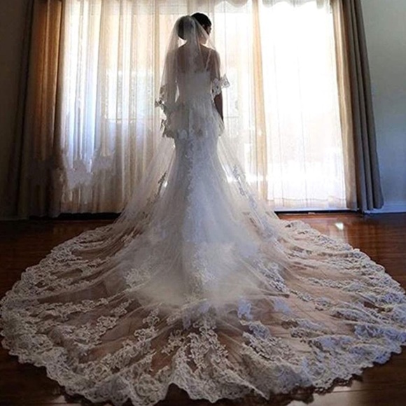 137” 2 tier long white lace wedding veil main image 3